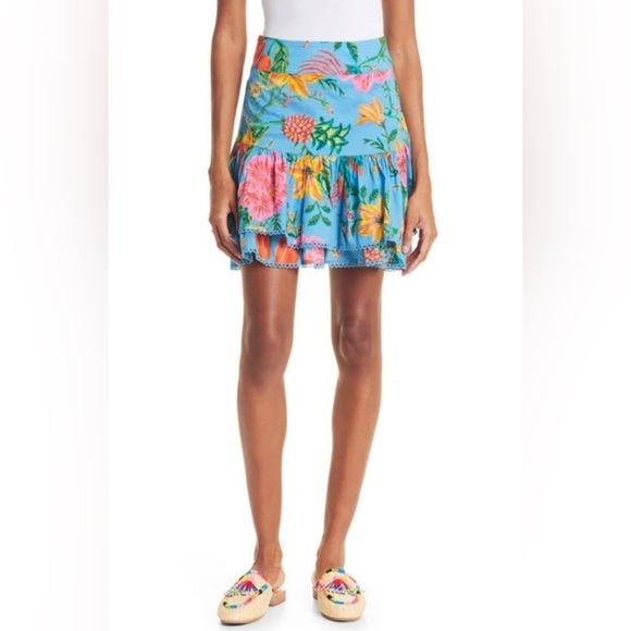 Farm Rio Toucans Garden Tiered Cotton Mini Skirt in Blue. size M - Picture 2 of 11